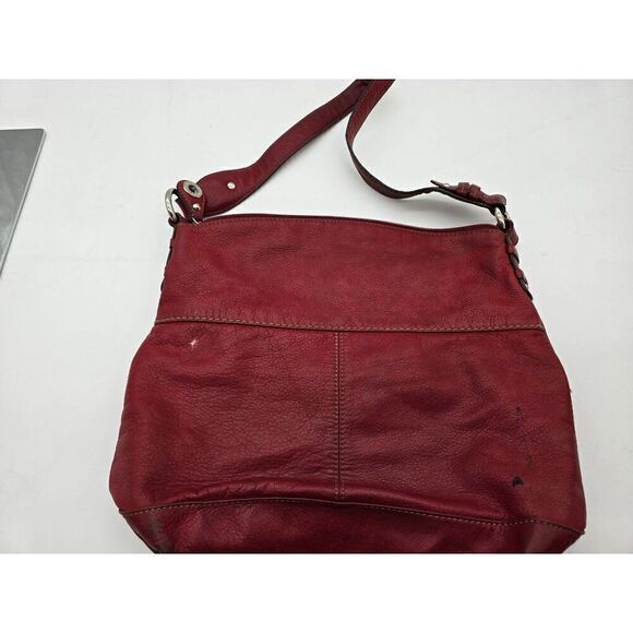 Red Leather Tignanello Shoulder Bag With Front Pockets & Adjustable Strap - Picture 3 of 7